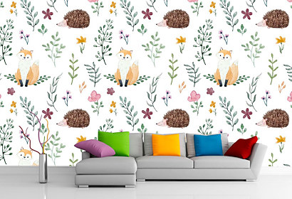 Tapety s detským motívom V lese , Watercolor pattern for children, opakovaný vzor botanical cartoon líška liska fox ježko jezko hedgehog kvety flowers forest les